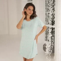 Bamboo Natkjole kort Ærme, Green Checks
