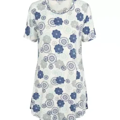 Bambus Natkjole Kort Ærme, Blue Grey Floral