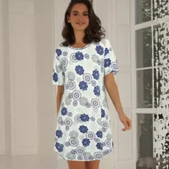 Bambus Natkjole Kort Ærme, Blue Grey Floral