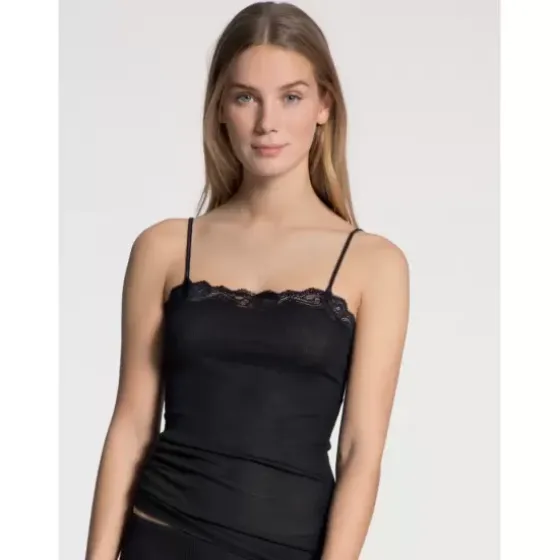 Richesse Lace Spaghetti Top, Uld/Silke Sort